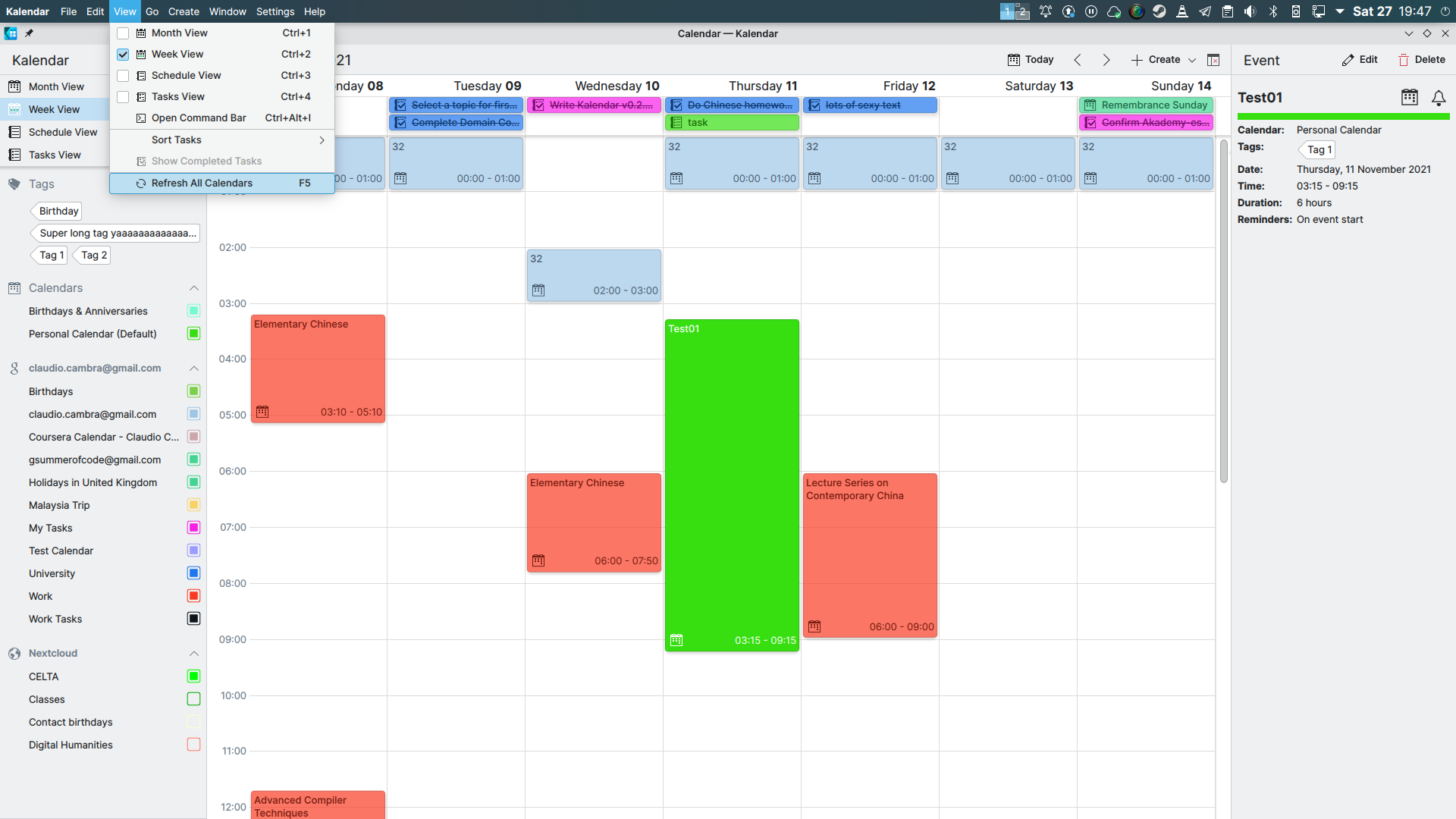 Refresh All Calendars action in menu