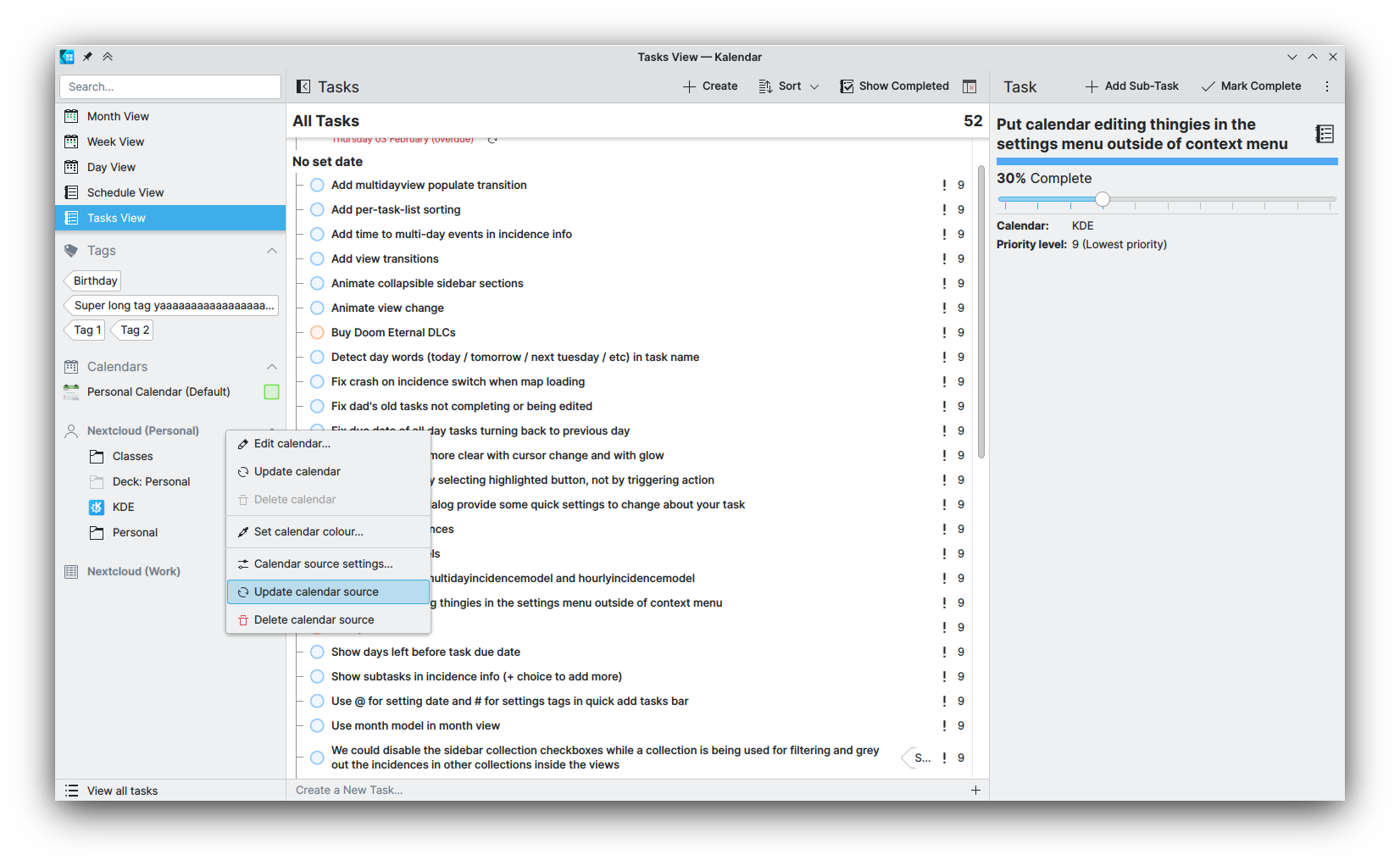 Task view showing completion percentage in checkboxes