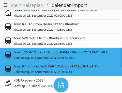Calendar import page recognizing transport elements and allowing individual selection.